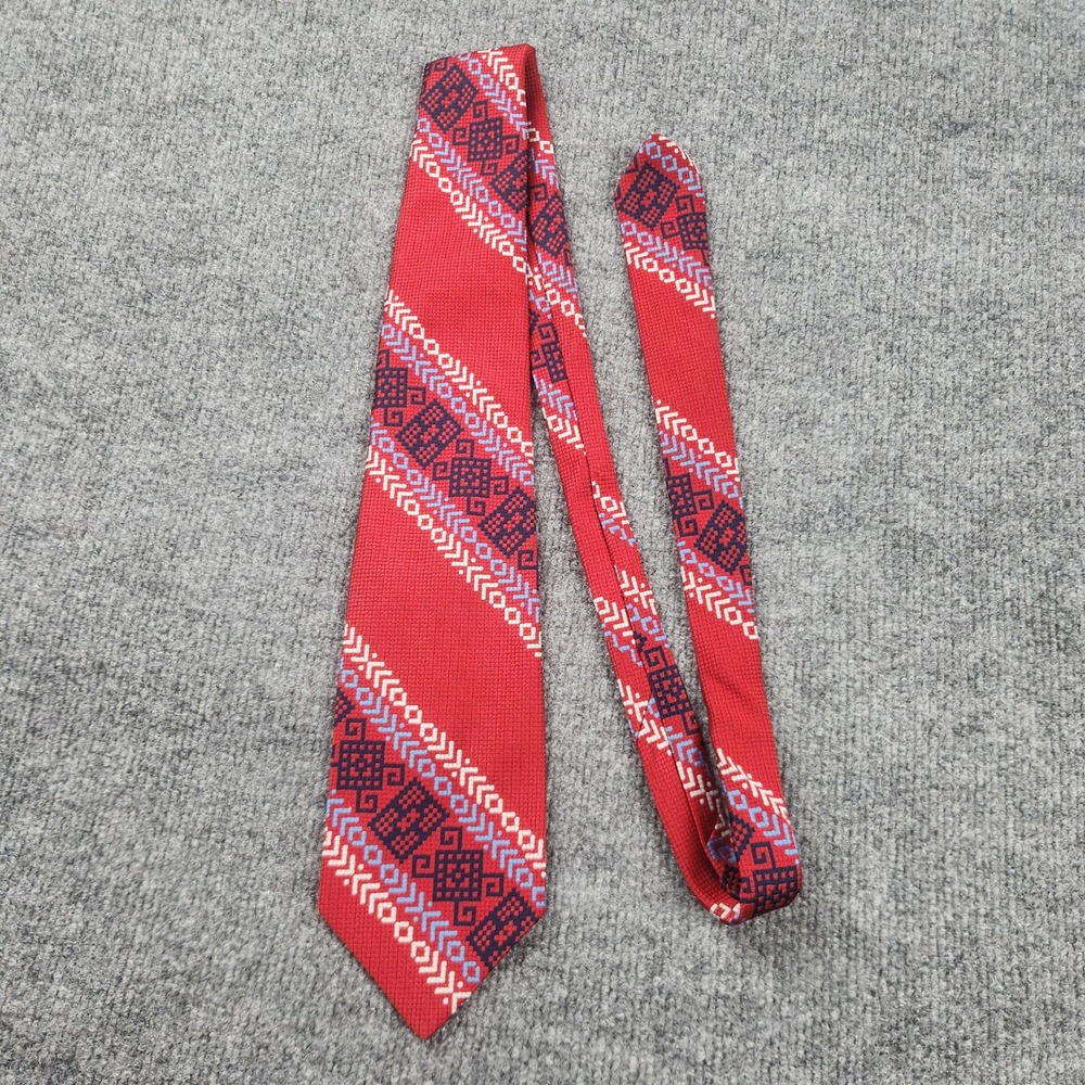 Diplomat Mens Geometric Fair Isle Tribal Pattern Necktie Red Navy Blue Woven Tie